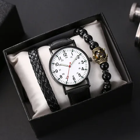 Men Quartz Watch With Leather Strap Luminous Pointer Fashion Casual Braided Bracelet Beads Crown Accessory For Men Jewelry