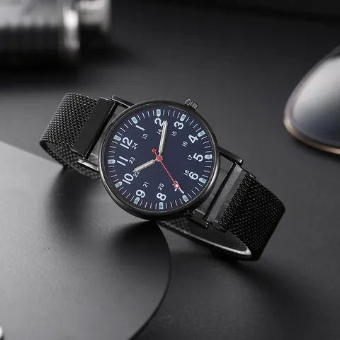 Men's Business Quartz Watch Alloy Case Milanese Mesh Magnet Strap Dual Scale Luminous Military Style Wristwatch