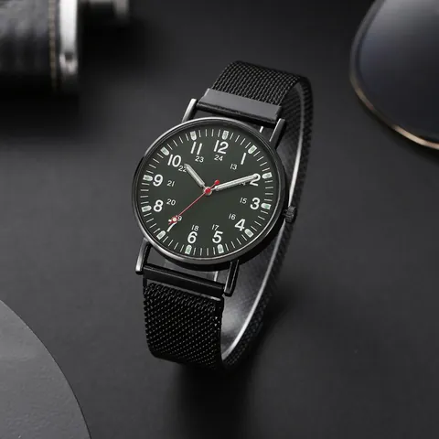 Men's Business Quartz Watch Alloy Case Milanese Mesh Magnet Strap Dual Scale Luminous Military Style Wristwatch