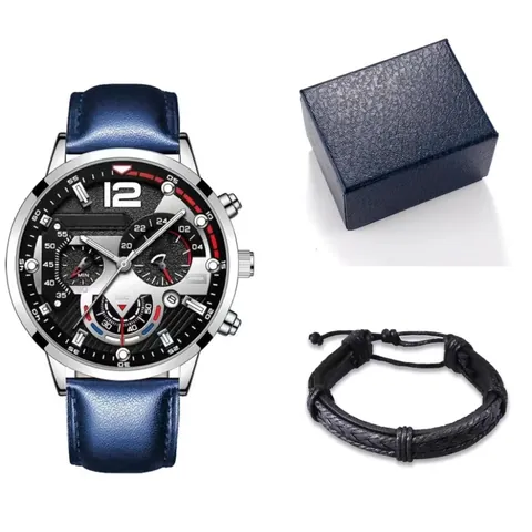 Orologio al Quarzo da Uomo Business Con Cinturino in Pelle Quadrante Multifunzione Cassa in Lega E Bracciale Intrecciato