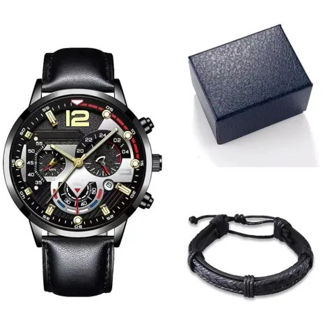 Orologio al Quarzo da Uomo Business Con Cinturino in Pelle Quadrante Multifunzione Cassa in Lega E Bracciale Intrecciato