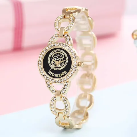 Luxus Damen Gold Legierung Strass Armbanduhr Hohlblumen Quarzuhr Elegante Schmuckuhr Für Damen Geschenk