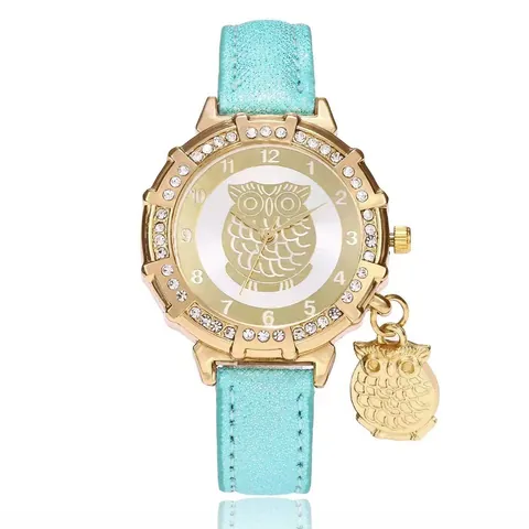 Fashion Women Owl Pendant Quartz Watch Alloy Rhinestone Bezel Glitter Leather Strap Casual Ladies Wristwatch Jewelry Gift