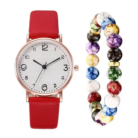 Women Casual Quartz Watch Minimalist Alloy Case Faux Leather Strap Arabic Numerals Fashion Wristwatch With Colorful Beaded Bracelet Gift Box Set