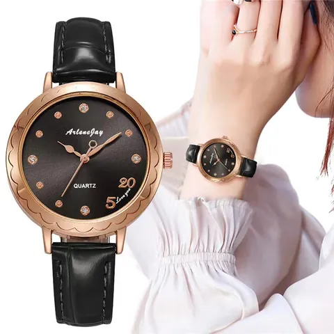 Fashion Women Quartz Watch Alligator Texture Leather Strap Rhinestone Indices Scalloped Bezel Romantic Gift Wristwatch