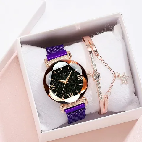 Ladies Starry Sky Quartz Watch With Milanese Magnetic Mesh Strap Rhinestone Star Bracelet And Gift Box Elegant Jewelry