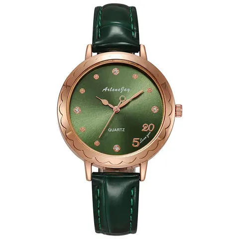 Fashion Women Quartz Watch Alligator Texture Leather Strap Rhinestone Indices Scalloped Bezel Romantic Gift Wristwatch