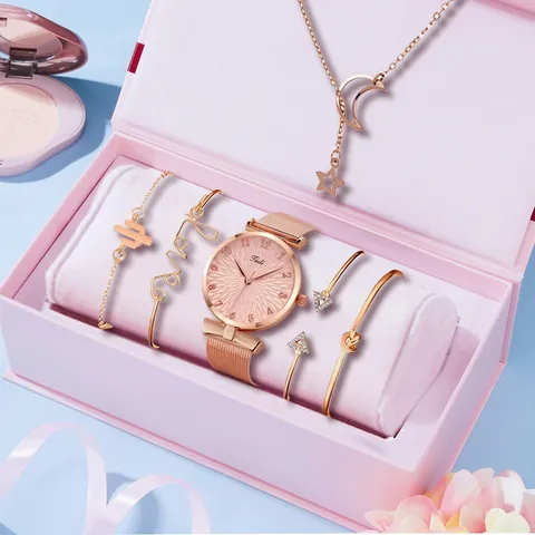 Women Fashion Quartz Watch Jewelry Set Rose Gold Alloy Milanese Mesh Strap Floral Dial Bracelet Necklace Accessories For Lady Gift