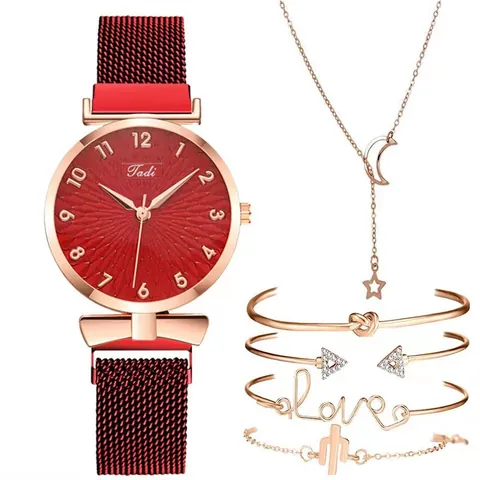 Fashion Women Quartz Watch Jewelry Set With Mesh Magnetic Buckle Strap Bowknot Decor Bracelet Star Moon Necklace Elegant Lady Wristwatch