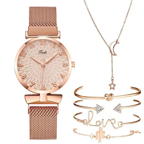 Fashion Women Quartz Watch Jewelry Set With Mesh Magnetic Buckle Strap Bowknot Decor Bracelet Star Moon Necklace Elegant Lady Wristwatch