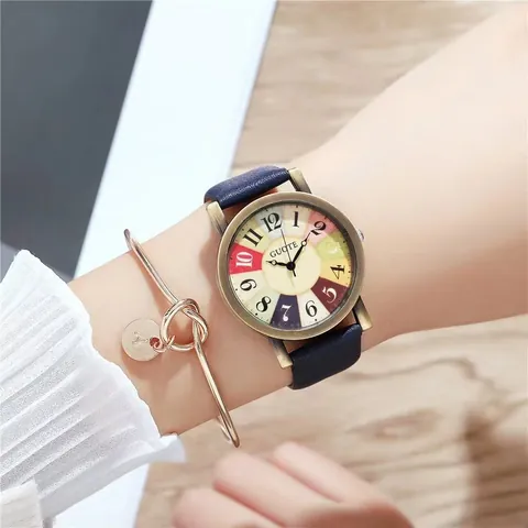 Women Vintage Quartz Watch Retro Colorful Striped Dial Faux Leather Strap Casual Fashion Analog Wrist Watch Jewelry Accessory