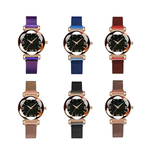 Ladies Starry Sky Quartz Watch With Milanese Magnetic Mesh Strap Rhinestone Star Bracelet And Gift Box Elegant Jewelry