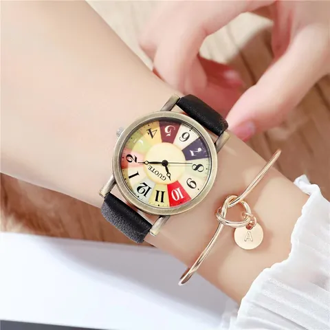 Women Vintage Quartz Watch Retro Colorful Striped Dial Faux Leather Strap Casual Fashion Analog Wrist Watch Jewelry Accessory