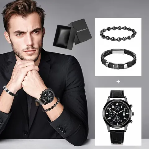 Set Orologio al Quarzo da Uomo Business Casual Lancette Luminose Calendario Cinturino in Pelle Con Bracciale di Perle Regalo per Lui