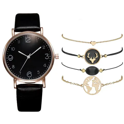 Orologio al Quarzo da Donna Moda Semplice Con Bracciali Cassa in Lega Oro Rosa Cinturino in Ecopelle Strass Cuore Mappa del Mondo Gioielli Regalo