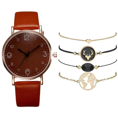 Orologio al Quarzo da Donna Moda Semplice Con Bracciali Cassa in Lega Oro Rosa Cinturino in Ecopelle Strass Cuore Mappa del Mondo Gioielli Regalo