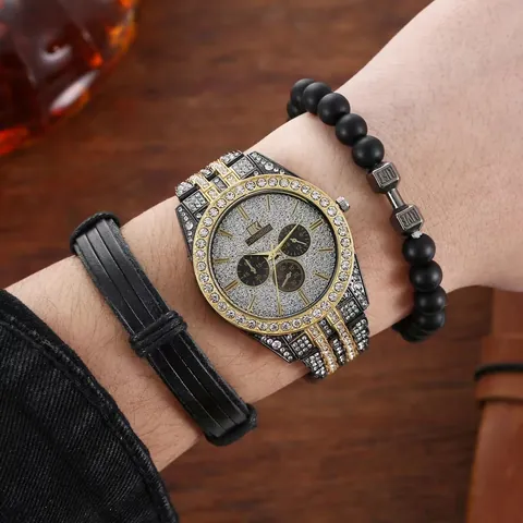 Men Business Gold Tone Quartz Watch Set With Full Rhinestone Decorative Watch And Dumbbell Beaded Braided Bracelet Set