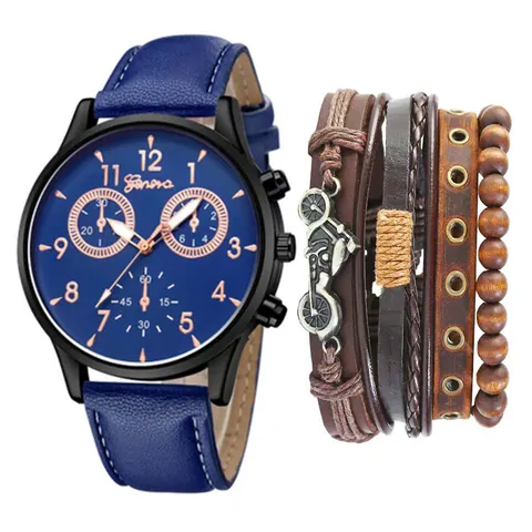 Herren Casual Mode Quarzuhr Mit Lederarmband Kombiniert Mit Punk Mehrschichtigem Lederarmband Holzperlen Schmuckset Für Männer Geschenk
