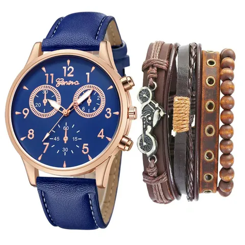 Orologio al Quarzo da Uomo E Bracciale in Pelle Multistrato Con Ciondolo Moto Perline in Legno Moda Tempo Libero