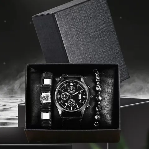 Set Orologio al Quarzo da Uomo Business Casual Lancette Luminose Calendario Cinturino in Pelle Con Bracciale di Perle Regalo per Lui