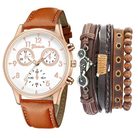 Orologio al Quarzo da Uomo E Bracciale in Pelle Multistrato Con Ciondolo Moto Perline in Legno Moda Tempo Libero