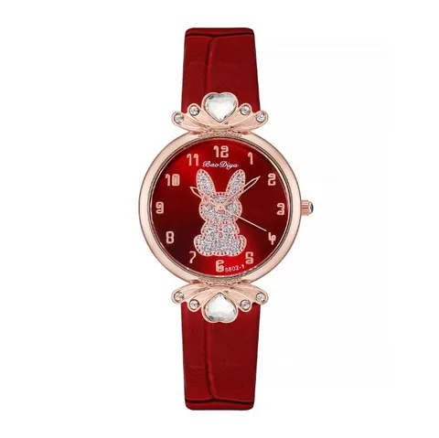 Fashion Women's Quartz Watch With Rabbit Pattern Glitter Dial Heart Rhinestone Alloy Case Faux Leather Strap Casual Ladies Wristwatch