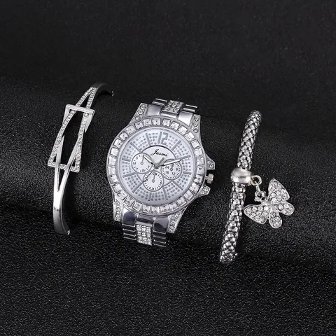 Luxe Dames Horloge met Strass Vlinder Armband Geometrische Bangle Legering Sieraden Set voor Bruiloft Feest Cadeau Roségoud Zilver