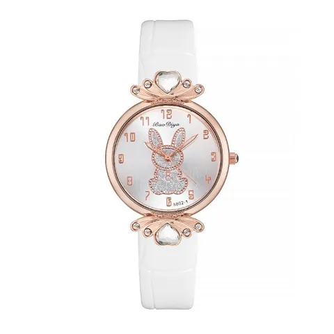 Women's Fashion Quartz Watch With Cute Rabbit Pattern Heart Rhinestone Decor Sparkling Powder Faux Leather Band Ladies Wristwatch