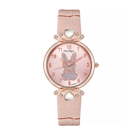 Fashion Women's Quartz Watch With Rabbit Pattern Glitter Dial Heart Rhinestone Alloy Case Faux Leather Strap Casual Ladies Wristwatch
