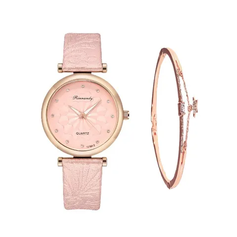 Women Quartz Watch Bracelet Set 3D Geometric Petal Dial Rhinestone Rose Gold Alloy Case Faux Leather Strap Jewelry Gift Set