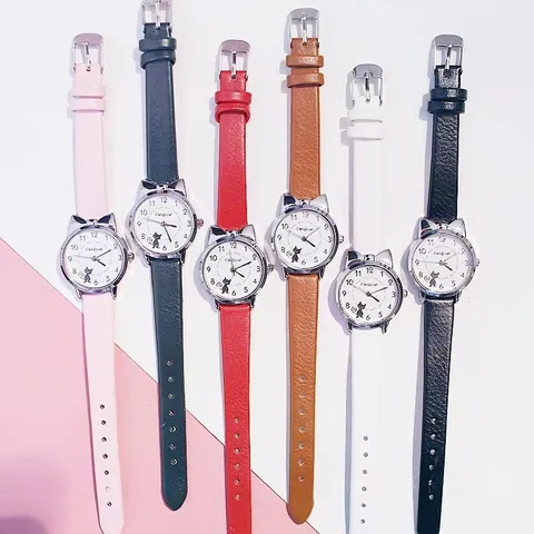 Cute Cat Ear Quartz Watch And Bracelet Set For Women Faux Leather Strap Analog Student Fashion Wristwatch Gift
