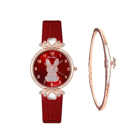 Fashion Women Rabbit Pattern Quartz Watch Set Rose Gold Alloy Case PU Leather Strap Bracelet Gift Box Jewelry Set