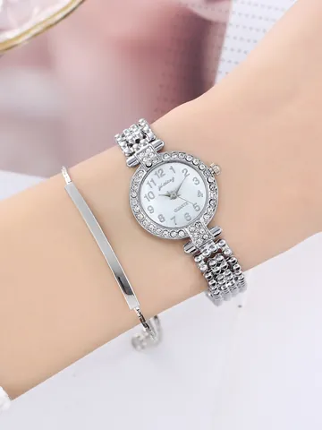Luxury Women Silver Quartz Watch With Rhinestone Inlaid Bracelet Alloy Wristwatch Arabic Numerals Dial Fashion Jewelry Gift