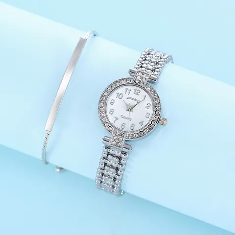 Luxury Women Silver Quartz Watch With Rhinestone Inlaid Bracelet Alloy Wristwatch Arabic Numerals Dial Fashion Jewelry Gift