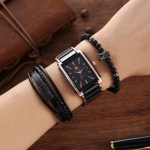 Herren Business Quarz Uhr Armband Geschenkset Rechteckig Schwarzes Zifferblatt Roségold Legierung Gehäuse Leder Geflochten Perlen Krone Armband Schmuck