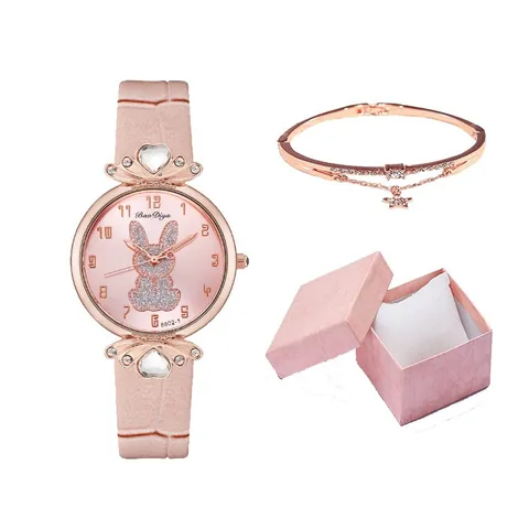Fashion Women Rabbit Pattern Quartz Watch Set Rose Gold Alloy Case PU Leather Strap Bracelet Gift Box Jewelry Set