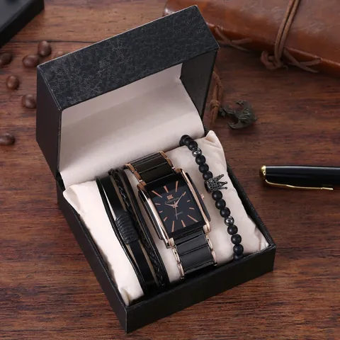 Herren Business Quarz Uhr Armband Geschenkset Rechteckig Schwarzes Zifferblatt Roségold Legierung Gehäuse Leder Geflochten Perlen Krone Armband Schmuck