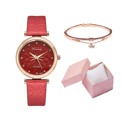Women Quartz Watch Bracelet Set 3D Geometric Petal Dial Rhinestone Rose Gold Alloy Case Faux Leather Strap Jewelry Gift Set