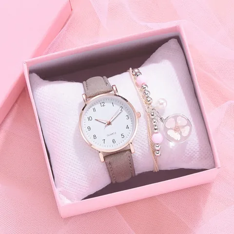 Women Fashion Quartz Watch Bracelet Gift Set Luminous Pointer Arabic Numerals Minimalist Dial Faux Leather Strap Ladies Watch Jewelry