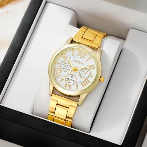 Damen Gold Legierung Uhr Strass Wassertropfen Halskette Ohrringe Ring Lässig Römische Ziffern Quarz Armbanduhr Kollektion