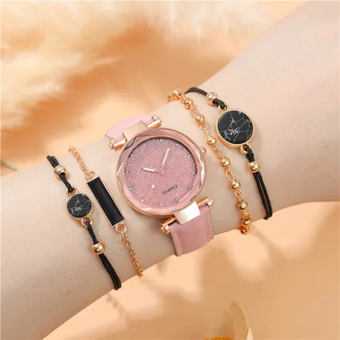 Women Quartz Watch Starry Sky Glitter Dial Rhinestone Markers Matte Leather Strap Alloy Case Fashion Bracelet Wristwatch