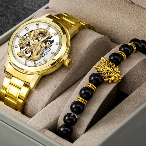 Lussuoso Orologio Al Quarzo Uomo Rilievo Drago E Bracciale Testa Di Drago Oro Acciaio Inossidabile Strass Calendario Affari Orologio Da Polso