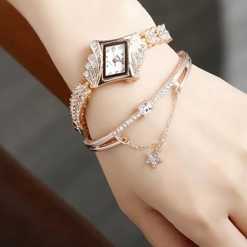 Luxus Damen Rauten Quarzuhr Strass Flügel Blatt Analoge Armbanduhr Schmuck Armband Und Geschenkkarton Für Damen Zubehör