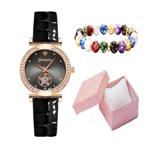 Dames Mode Quartz Horloge Set Strass Ster Wijzerplaat Krokodil Patroon Leren Band Gekleurde Kralen Armband Cadeauset Voor Haar