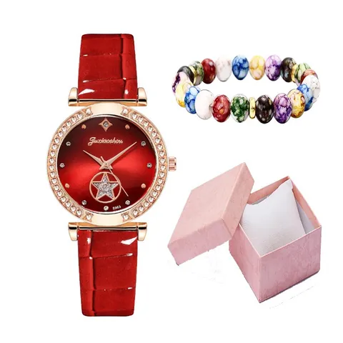 Dames Mode Quartz Horloge Set Strass Ster Wijzerplaat Krokodil Patroon Leren Band Gekleurde Kralen Armband Cadeauset Voor Haar
