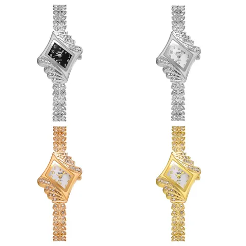Dames Mode Ruitvorm Wijzerplaat Quartz Horloge En Strass Veer Armband Legering Blad Band Elegante Sieraden Voor Feest Dagelijks