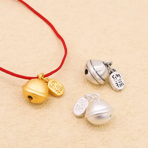 S999 Fine Silver Bell Pendant With Blessing Tag For DIY Jewelry Accessory Frosted Metal Fortune Silent Bell Charm Jewelry