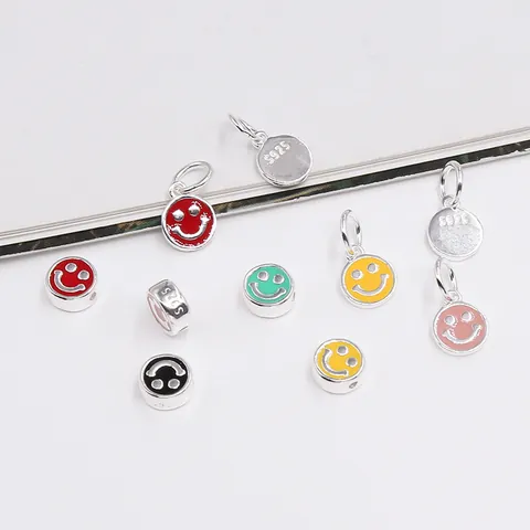 925 Sterling Silver Smiley Face Charm Pendant Colorful Enamel DIY Jewelry Accessories For Bracelet Necklace Jewelry Making Findings Gift