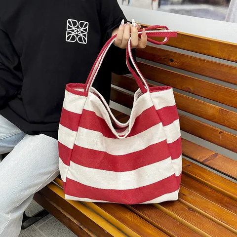 Large Capacity Canvas Tote Bag Horizontal Stripe Design Open Top Shoulder Bag For Women Students Daily Casual Shopping Handbag