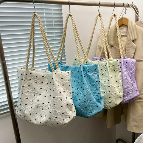 Sweet Bowknot Puckered Fabric Tote Bag With Thick Rope Handle Large Capacity Casual Shoulder Bag For Women Commuting Shopping